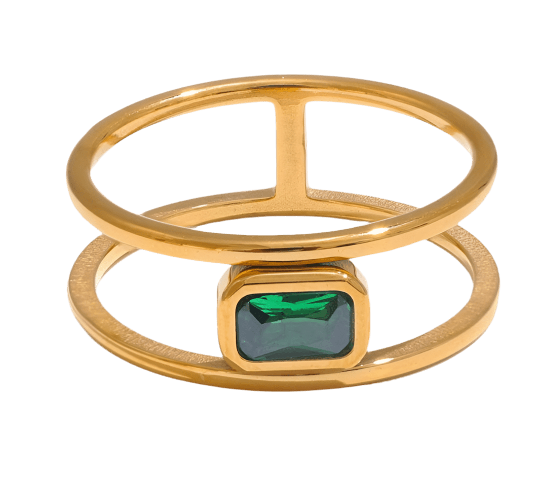 Doppelring mit grünem Baguette Stein - Clout Vienna#